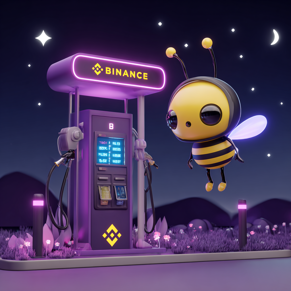 Gas Bee mascot near Binance gas pump